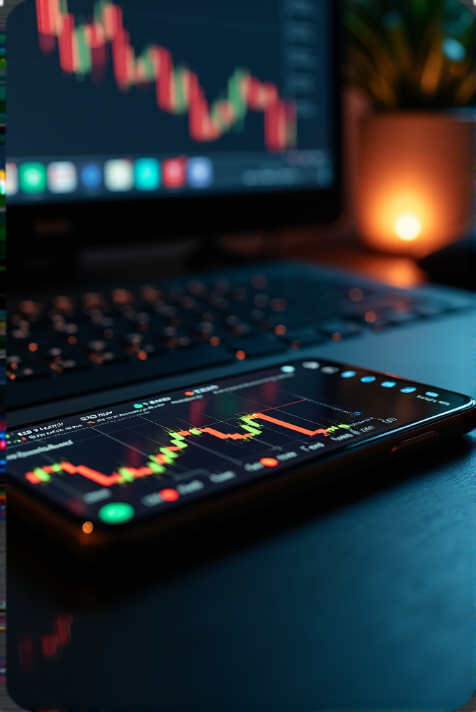 A smartphone and laptop display colorful financial charts in a dimly lit room with a warm glow.