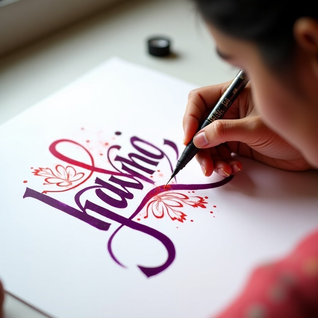 Image shows a person crafting Malayalam calligraphy. Bold ink in rich purple and red on white paper. Hand holding pen focuses on intricate details. Natural light enhances creativity in calligraphy.