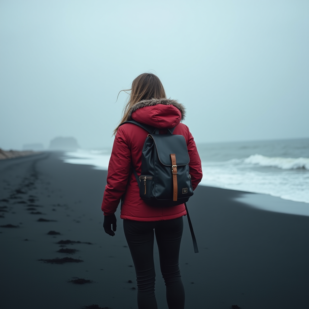 A person in a red coat stands on a foggy beach with black sand and waves rolling in.