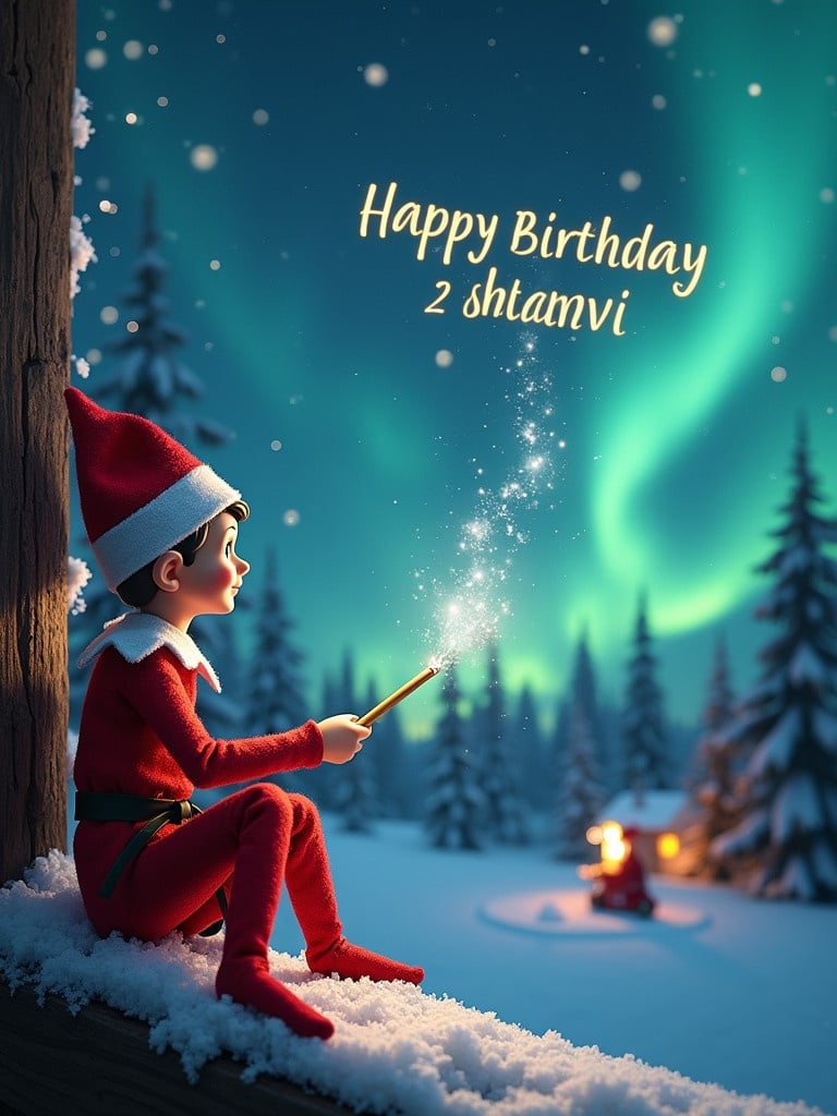 Enchanting Christmas scene with elf in karate outfit. Elf sits back facing sky. Wand creates message in night sky. Beautiful northern lights and distant Santa in background. Snow covers ground, enhancing winter wonderland charm.