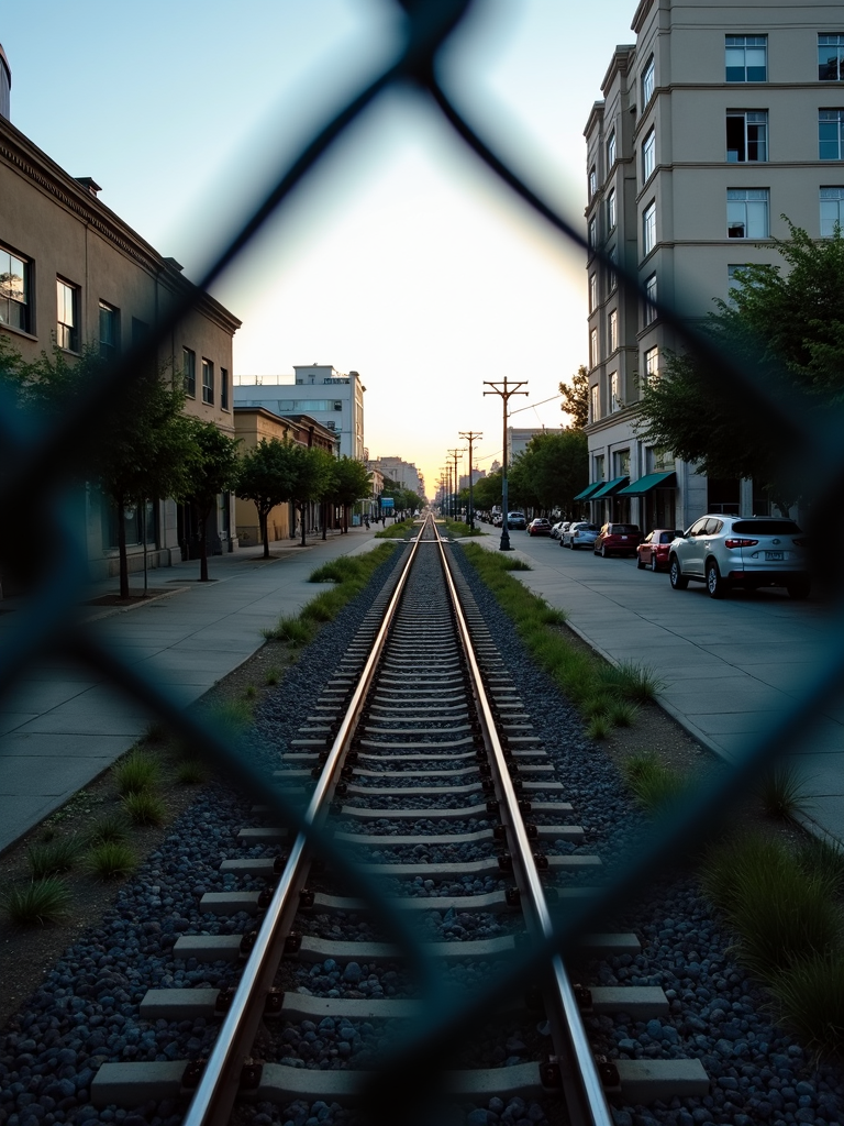 A straight railway track running through an urban street, captured through a chain-link fence, flanked by buildings and trees at dusk.