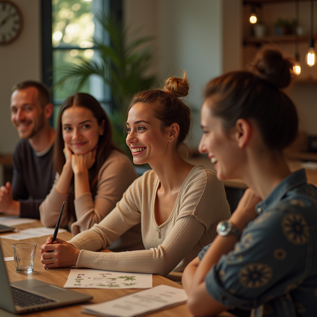 Four people are sitting at a table, smiling and engaged in a friendly conversation.