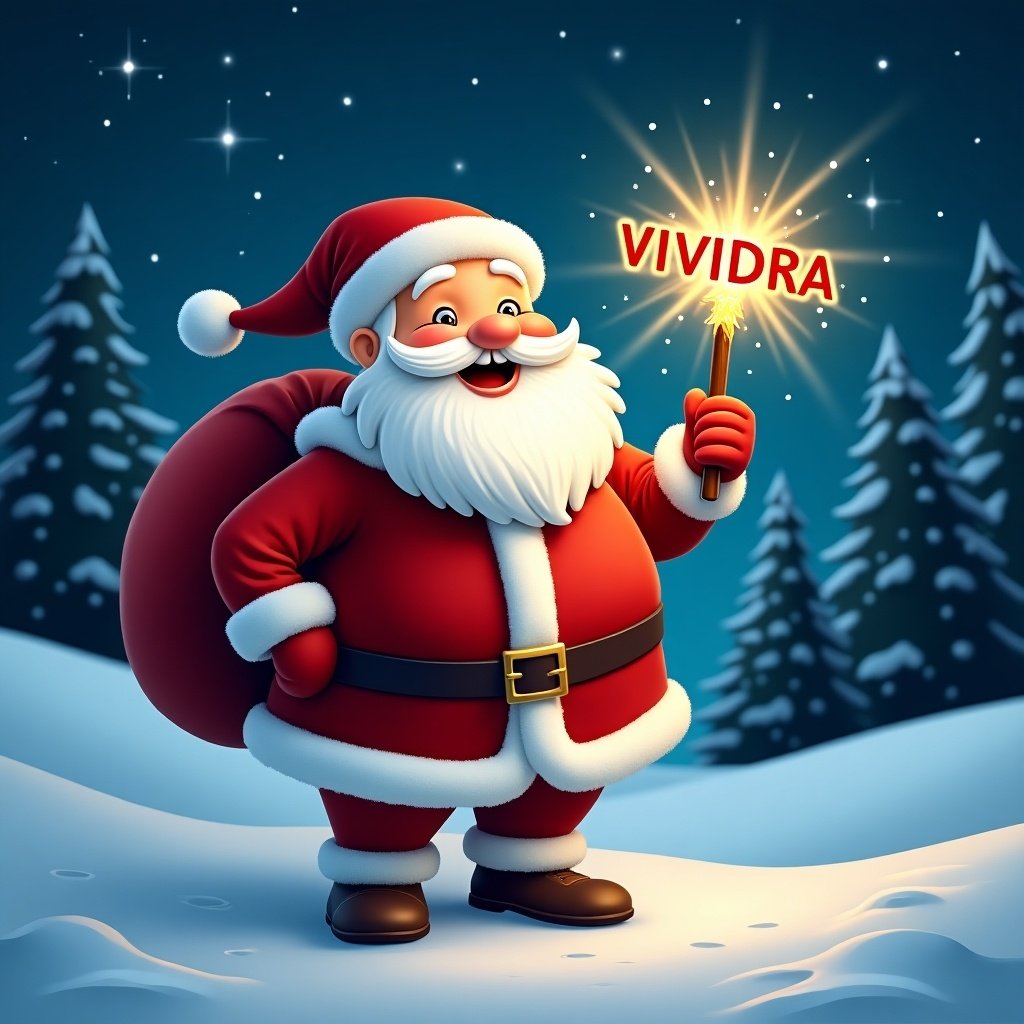 Santa Claus stands in a snowy landscape with a red sack. He holds a sparkly wand with the name 'VIVIDRA' glowing. Night sky with stars and pine trees creates a festive atmosphere.