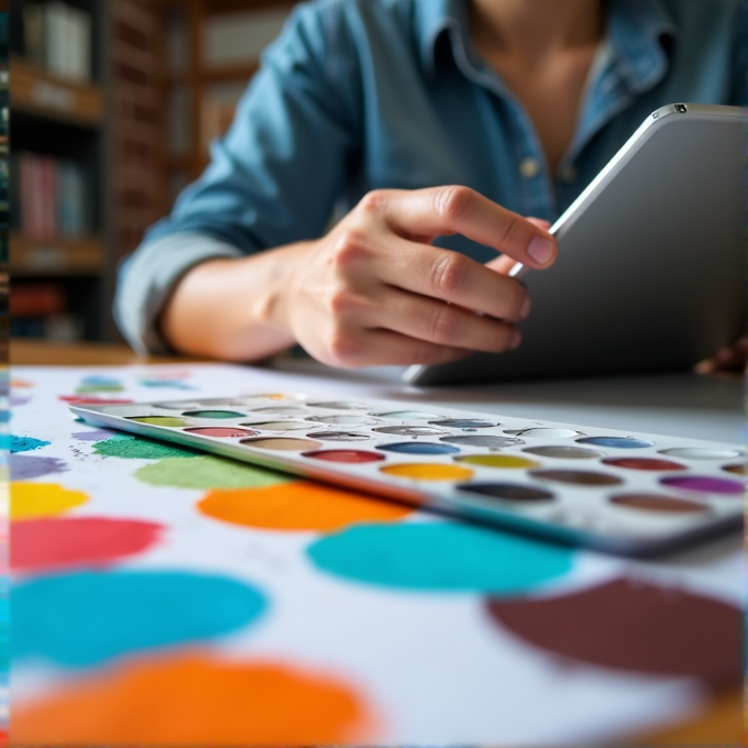 A person using a digital tablet near a colorful watercolor palette.