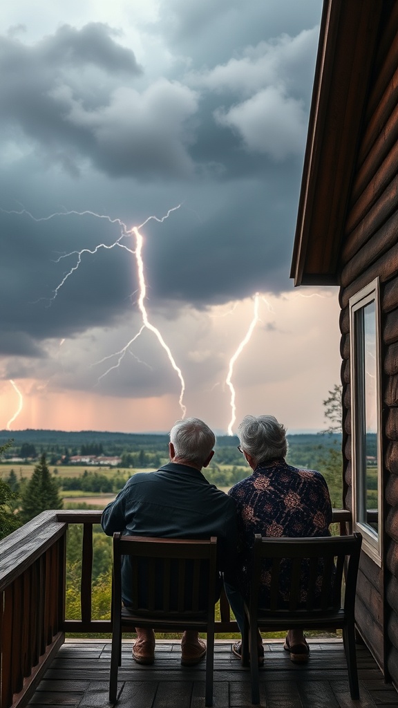 An elderly couple sits on a porch watching lightning strikes in the distance.