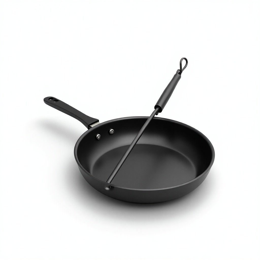 A hyper-realistic frying pan with a polished non-stick surface. It has a single long handle attached inside the pan. The handle extends across the cooking surface. There are no other handles on the pan. The background is bright white to highlight the design.