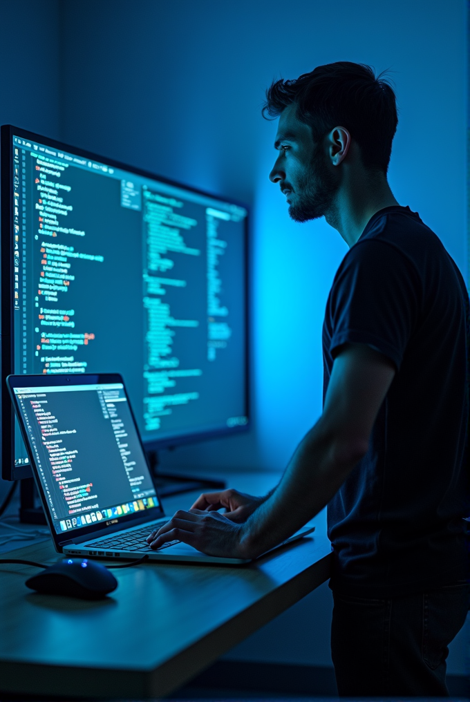 A focused programmer working in a dim, blue-lit room with code displayed on dual screens.