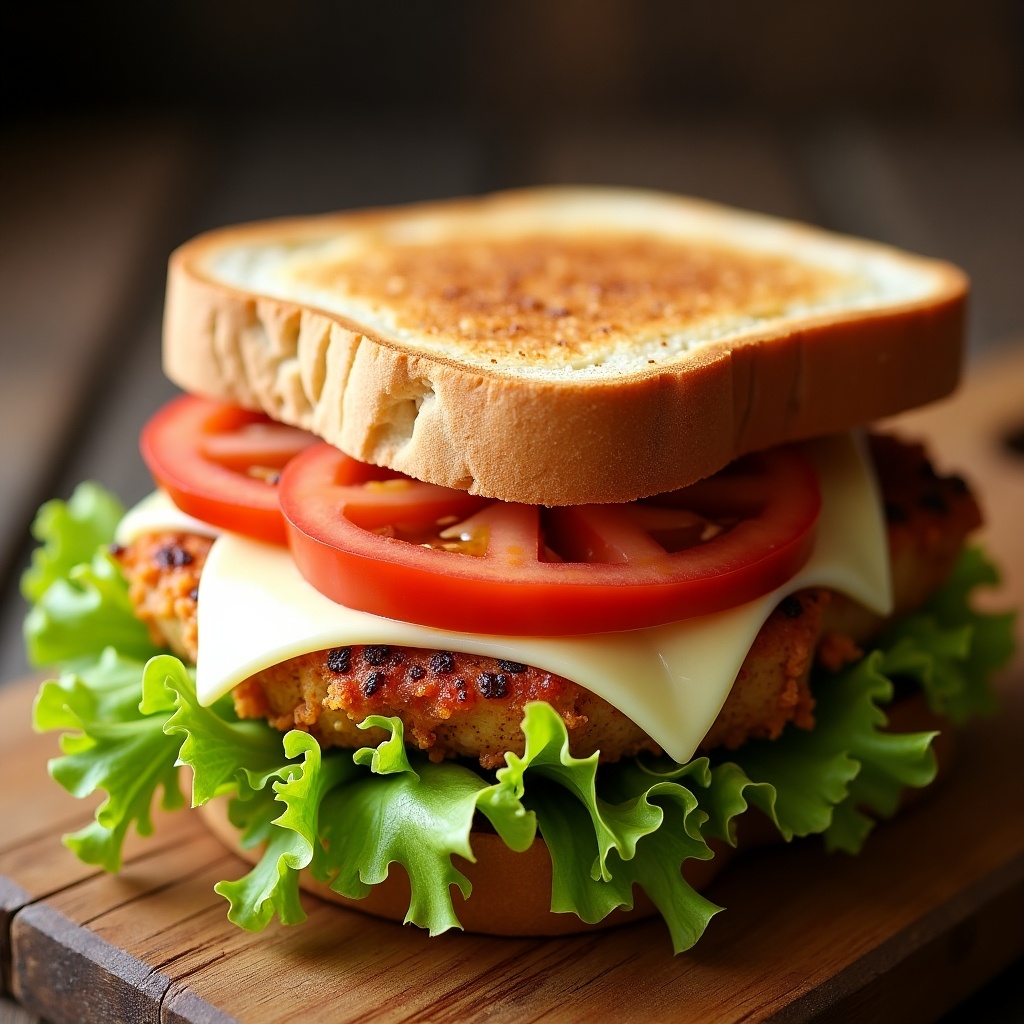 This image features a delicious chicken sandwich, beautifully presented between two slices of toasted bread. The sandwich is layered with fresh iceberg lettuce, juicy tomato slices, and creamy white cheese. The vibrant colors of the ingredients are eye-catching, making it look appetizing. The toasted bread adds a crispy texture that enhances the overall taste. This close-up shot captures the sandwich in a natural setting, making it ideal for food-related content.