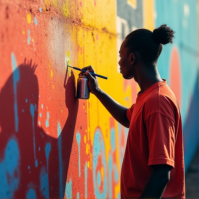 A person in a red shirt creates art on a colorful graffiti wall using a paintbrush and spray can, casting a sharp shadow in the sunlight.