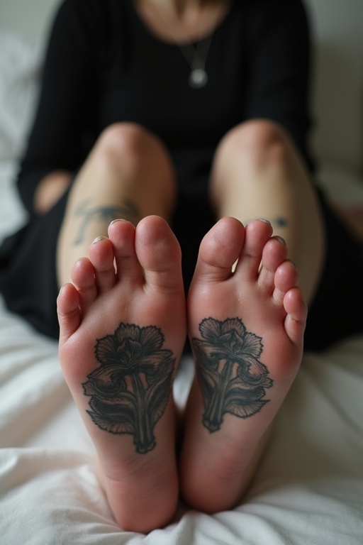 Mature goth woman reclines on bed. She has tattooed soles. The image displays intricate foot tattoos. The scene reflects goth culture and body art.