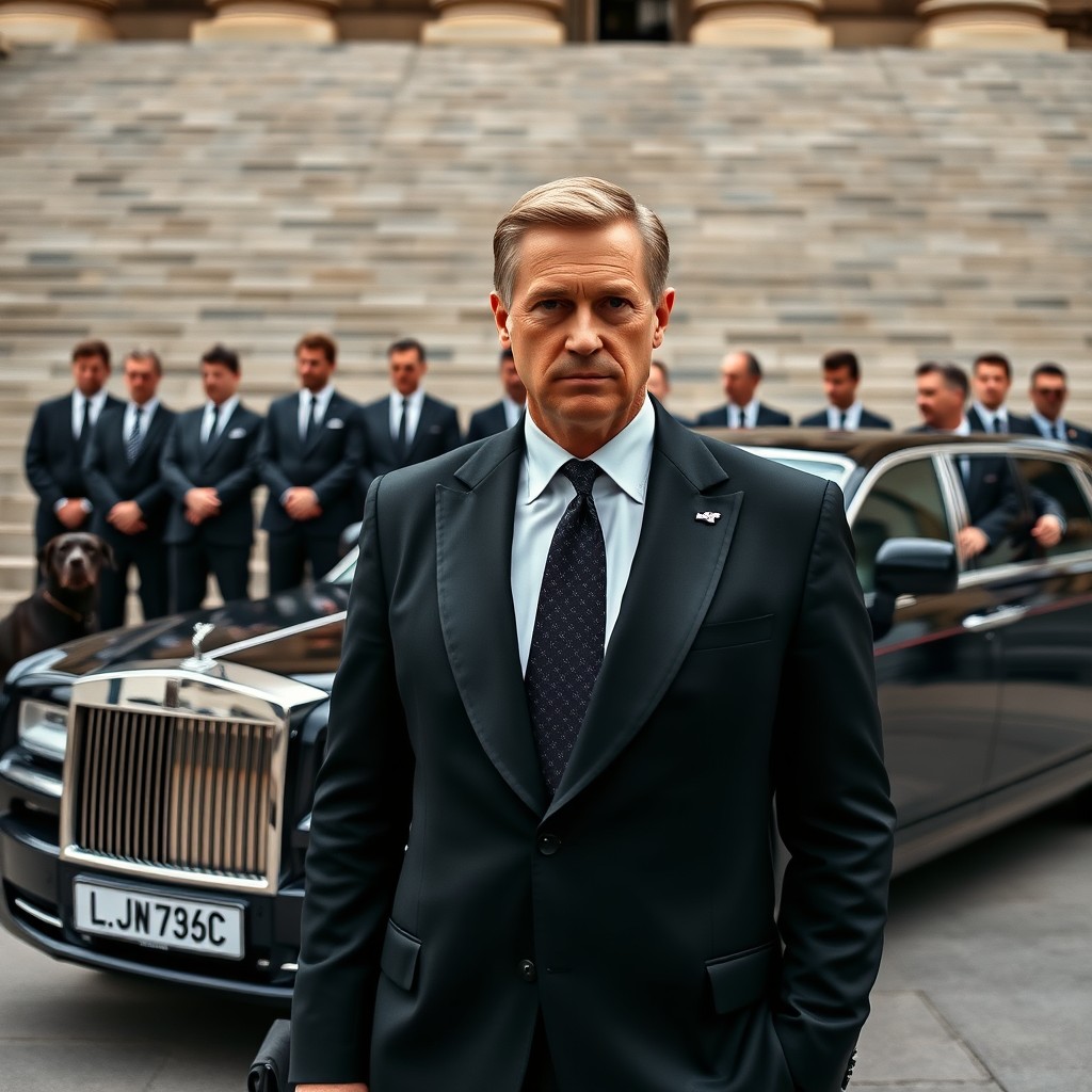 A group of well-dressed men in suits protectively stand by a luxurious car.