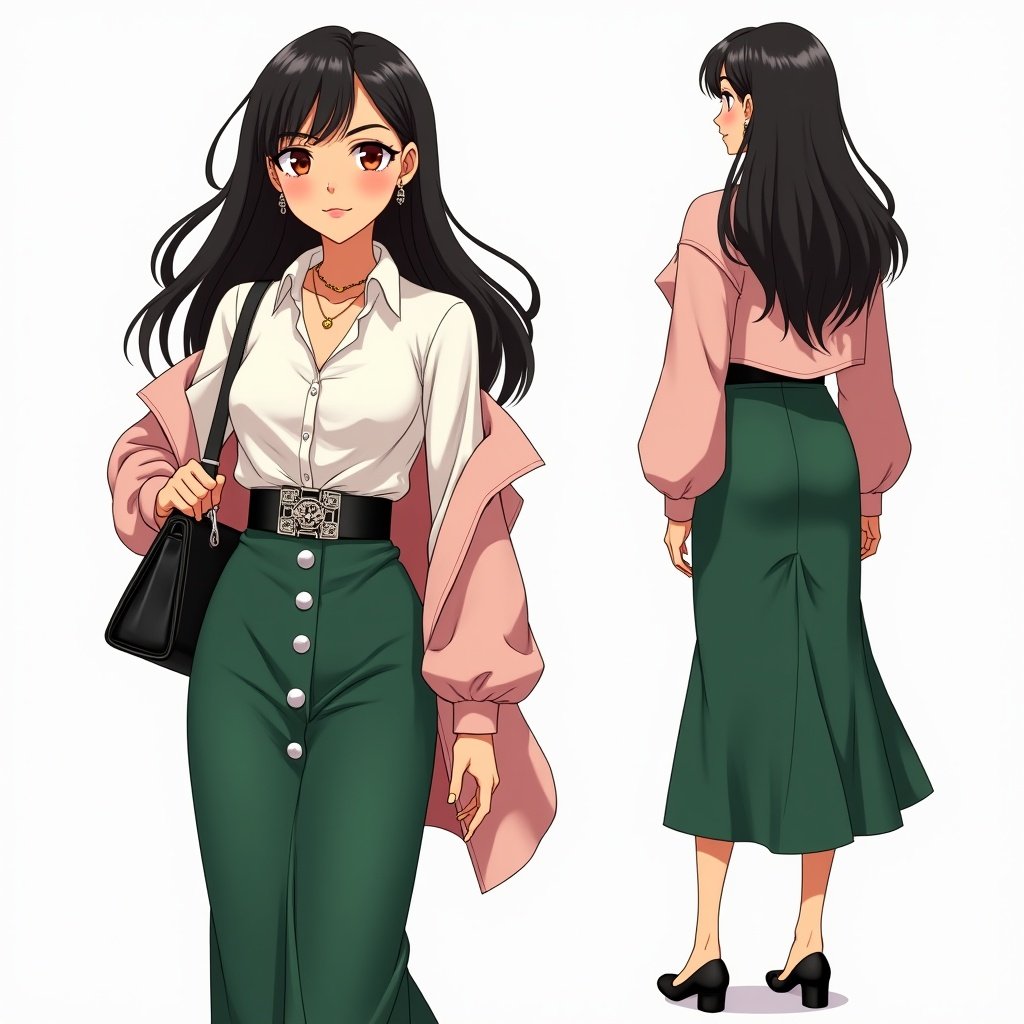 Anime-style character with sun-kissed skin and reddish undertone. Long flowing black hair, warm brown eyes. Wears emerald green high-waisted midi skirt, crisp white blouse, blush pink faux fur cropped coat. Accessories include gold necklaces and black handbag. Posed confidently with front, side, and back views against white background.