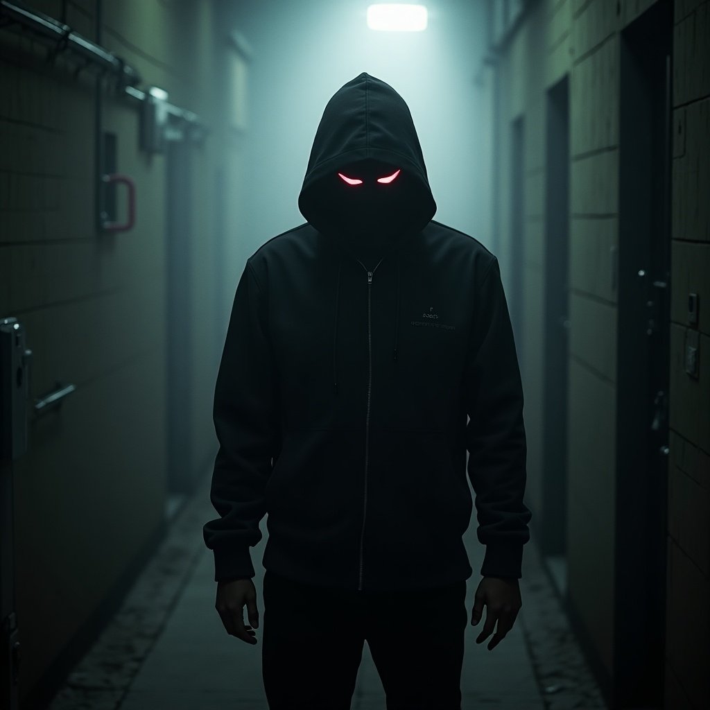 Mysterious figure wearing a black hoodie standing in a dark corridor. The eyes glow red creating an ominous effect. Fog adds to the atmosphere of loneliness and secrecy. The hallway has an industrial look with faint light at the end.