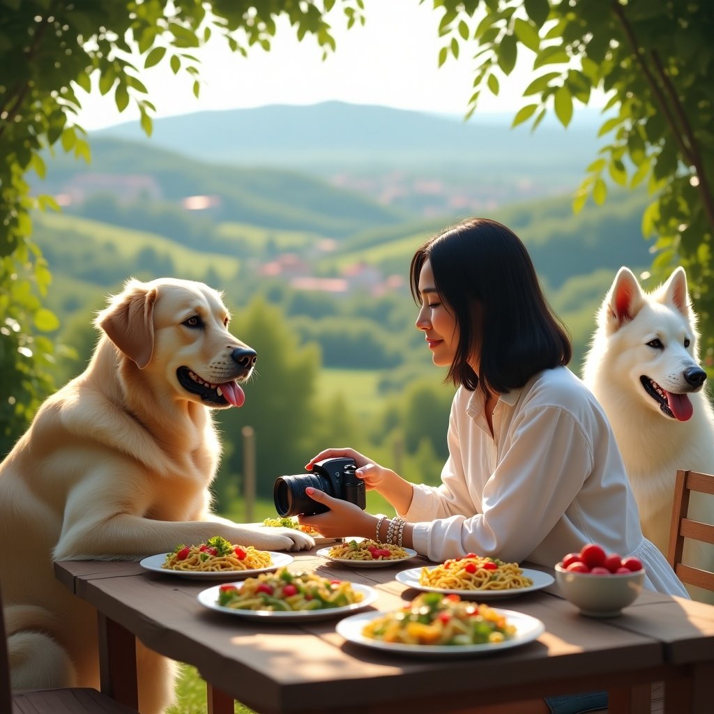 Serene outdoor scene in Italy during late afternoon. Japanese woman with semi-long black hair at rustic wooden table. She holds a professional camera. Golden retriever on the left and white Swiss shepherd on the right. Table features vibrant pasta dishes, fresh salads, and strawberries. Background shows rolling green hills, distant houses, and diffused sunlight. Evokes joy and companionship.