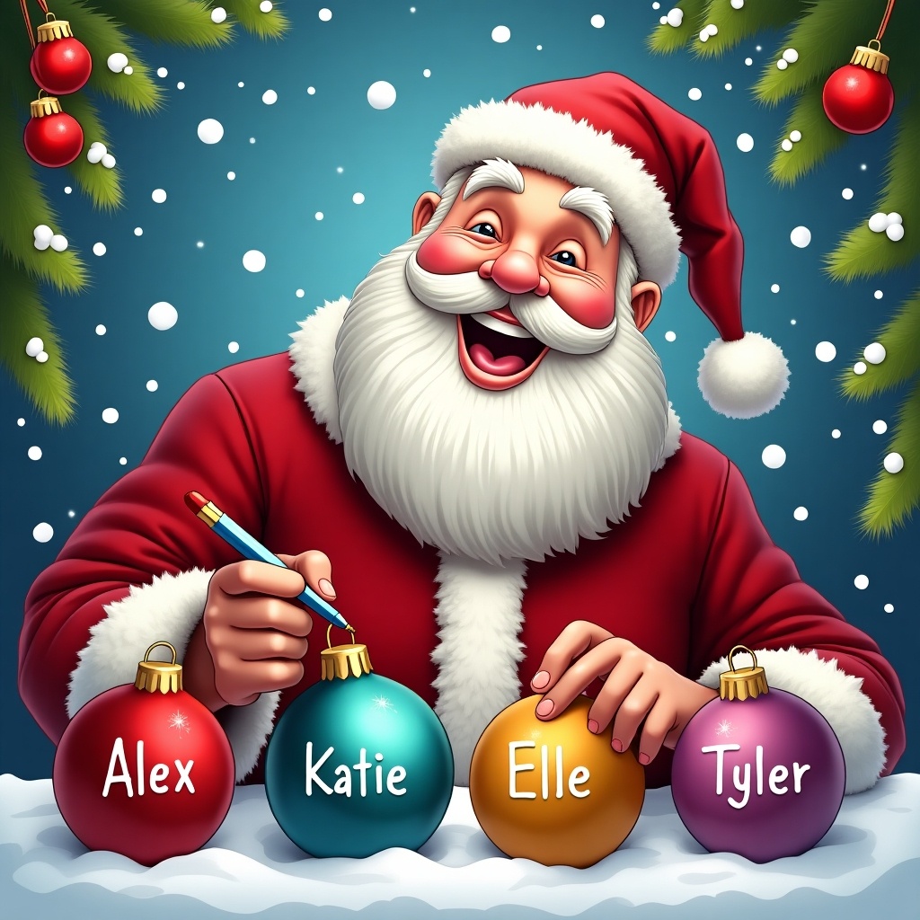 Santa Claus joyfully writing names on colorful Christmas baubles. He is in a snowy background with festive greenery. Baubles have names Alex Katie Elle Tyler. Santa wears a traditional red suit with a joyful smile. The scene represents warmth and joy of Christmas season with a focus on personalization.