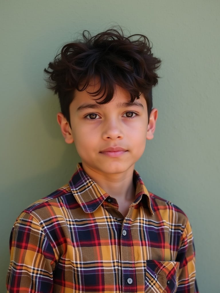 Child around 12 years old wearing plaid shirt against green wall. The child has curly hair. The child does not have facial features visible, posing in a casual manner.