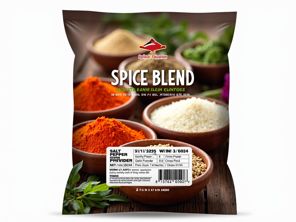 This image displays a packaged spice blend featuring a variety of colorful spices in bowls. The vibrant hues of red, orange, and brown suggest rich flavors, while the neutral cream background accentuates the spices. The product is likely marketed for enhancing dishes and showcases an appealing layout that draws attention. It's perfect for culinary enthusiasts and could serve as an invitation to explore new recipes. The package prominently features the name 'Spice Blend' along with nutritional information.