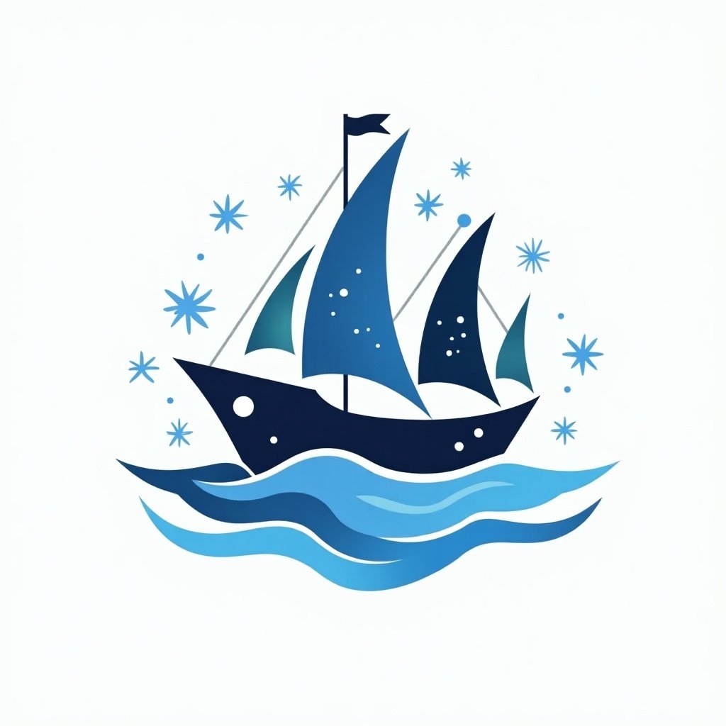 Logo design featuring a ship on water. The ship has sails and is stylized. The colors are various shades of blue. Background is light and minimalistic.