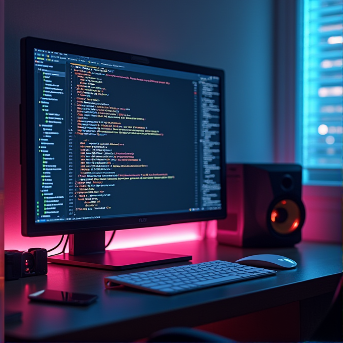 A computer monitor displays colorful code in a dark room with a neon pink backlight.