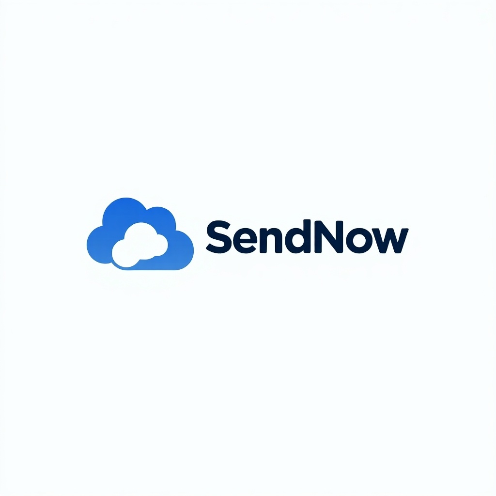 The image features a logo design for a cloud-based file sharing service called 'SendNow.' It prominently displays a stylized cloud icon next to the company name. The design combines simplicity and modernity, suitable for tech industries. The primary colors used are blue and white, conveying trust and reliability associated with cloud services. This logo can be used for various branding and marketing purposes to promote anonymous file sharing.