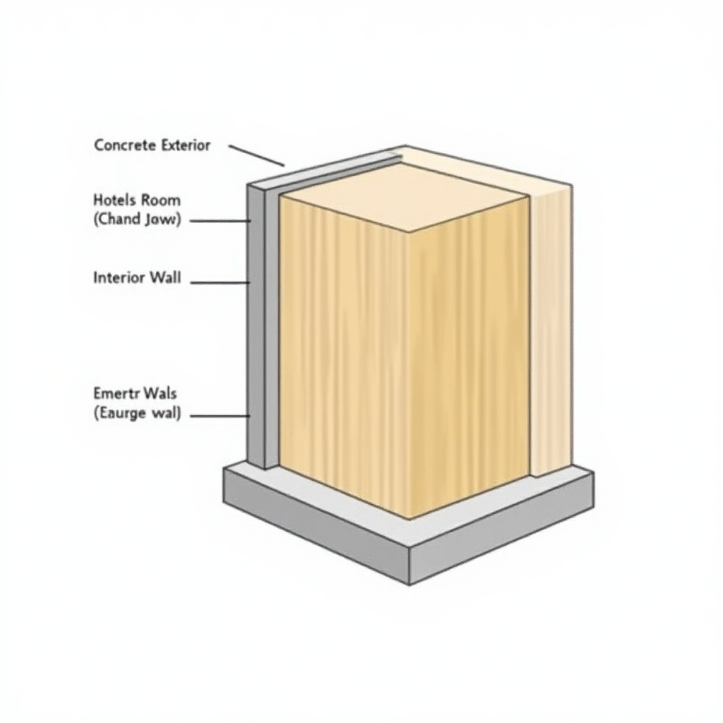 This image shows a 2D cross-section of a hotel room wall. It includes a concrete exterior and a wood interior wall. Each part is labeled for clarity. The drawing uses distinct colors for easy identification of the materials. It's a simplified illustration for educational purposes.