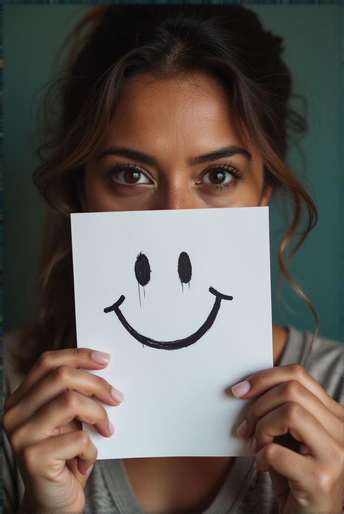 A person holds a paper with a drawn smiley in front of their face, showing only their eyes.