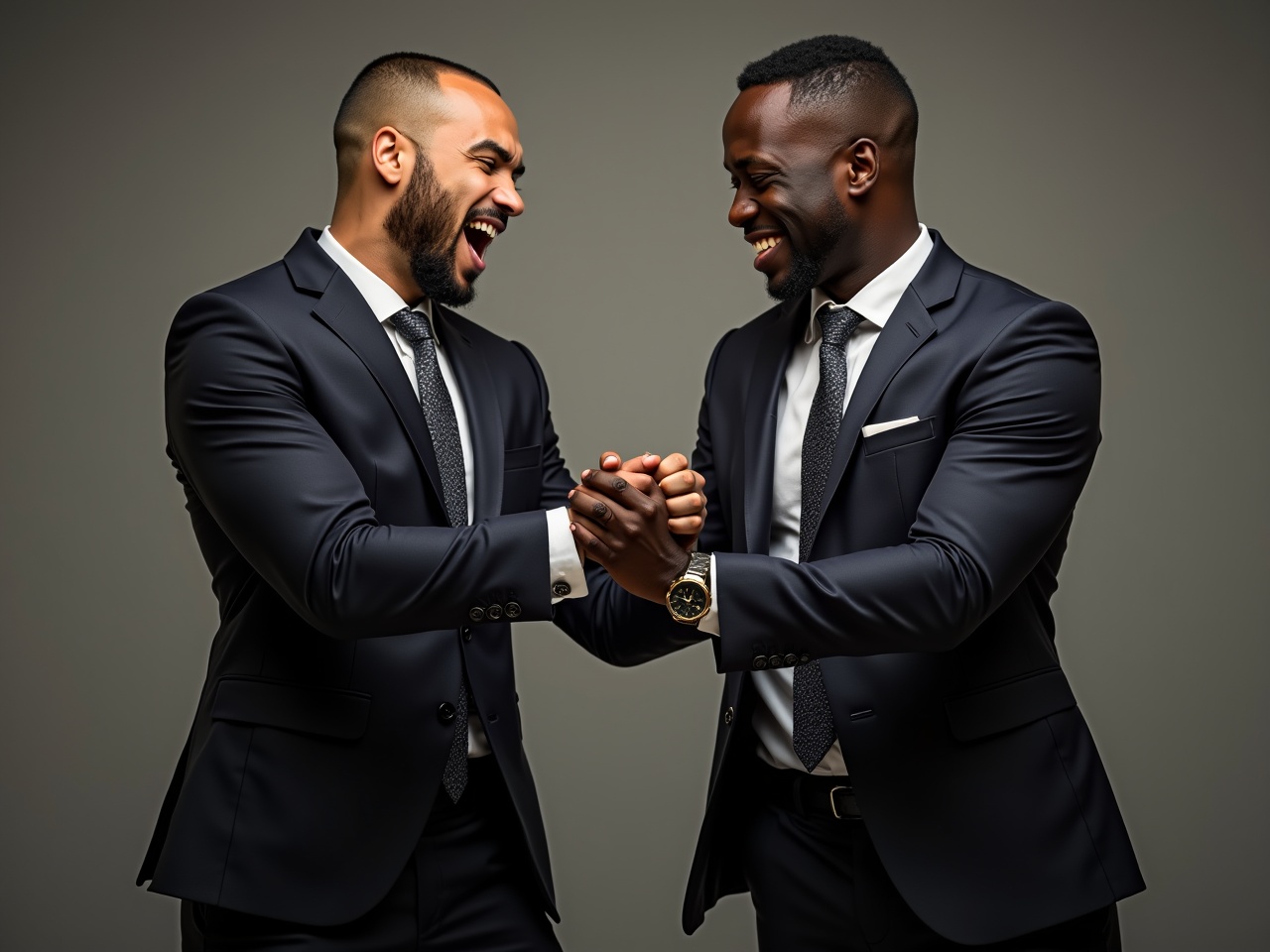 This image features two African men dressed in elegant suits, sharing a moment of joy and camaraderie. They are shaking hands and laughing together, showcasing a sense of teamwork and friendly competition. The background is neutral, making the subjects stand out vividly. The composition highlights their happy expressions, emphasizing positivity in a professional context. The lighting is flattering, bringing out details in their suits and expressions.