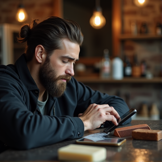 A man with a beard and a top knot is intently focused on his smartphone at a cluttered café table.