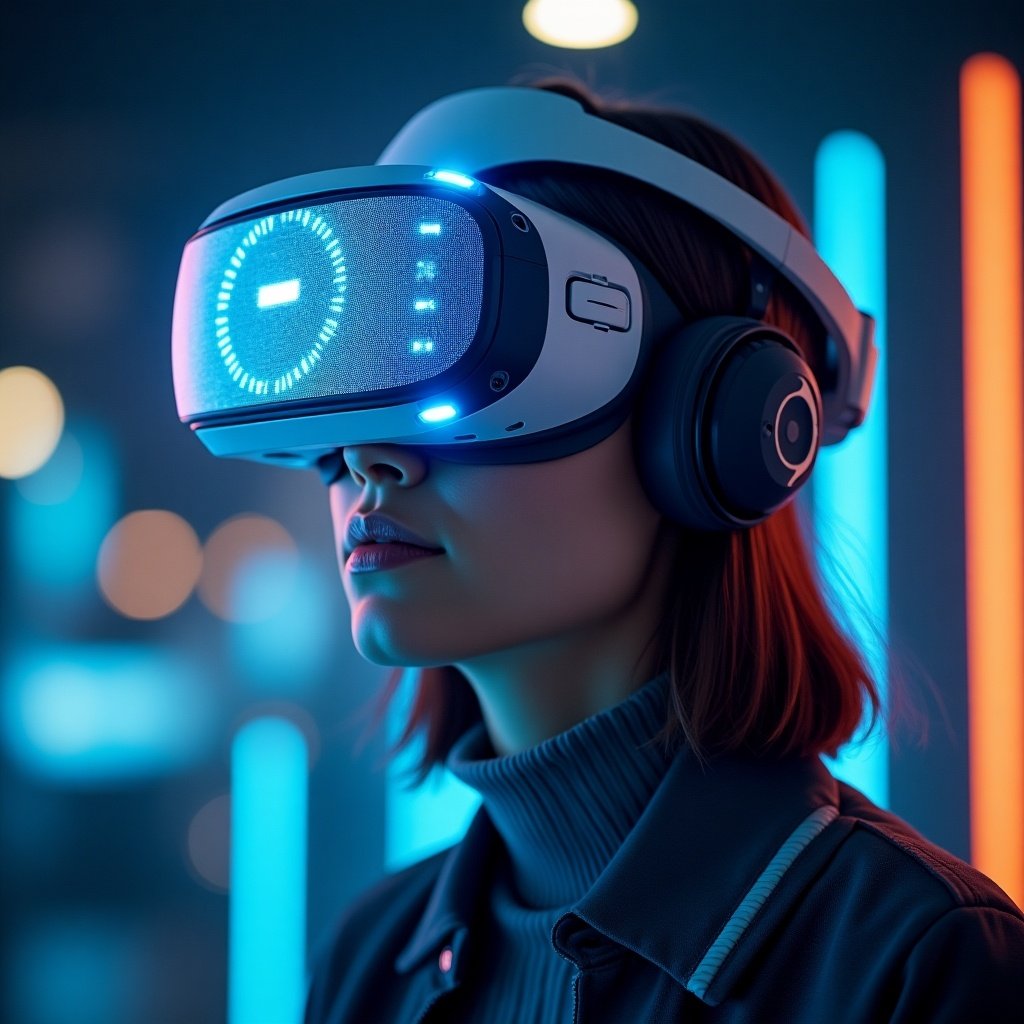 Image represents technological advancements in virtual reality. Features a figure wearing a VR headset amidst neon lighting. Focus on head and shoulders, highlighting the immersive experience.