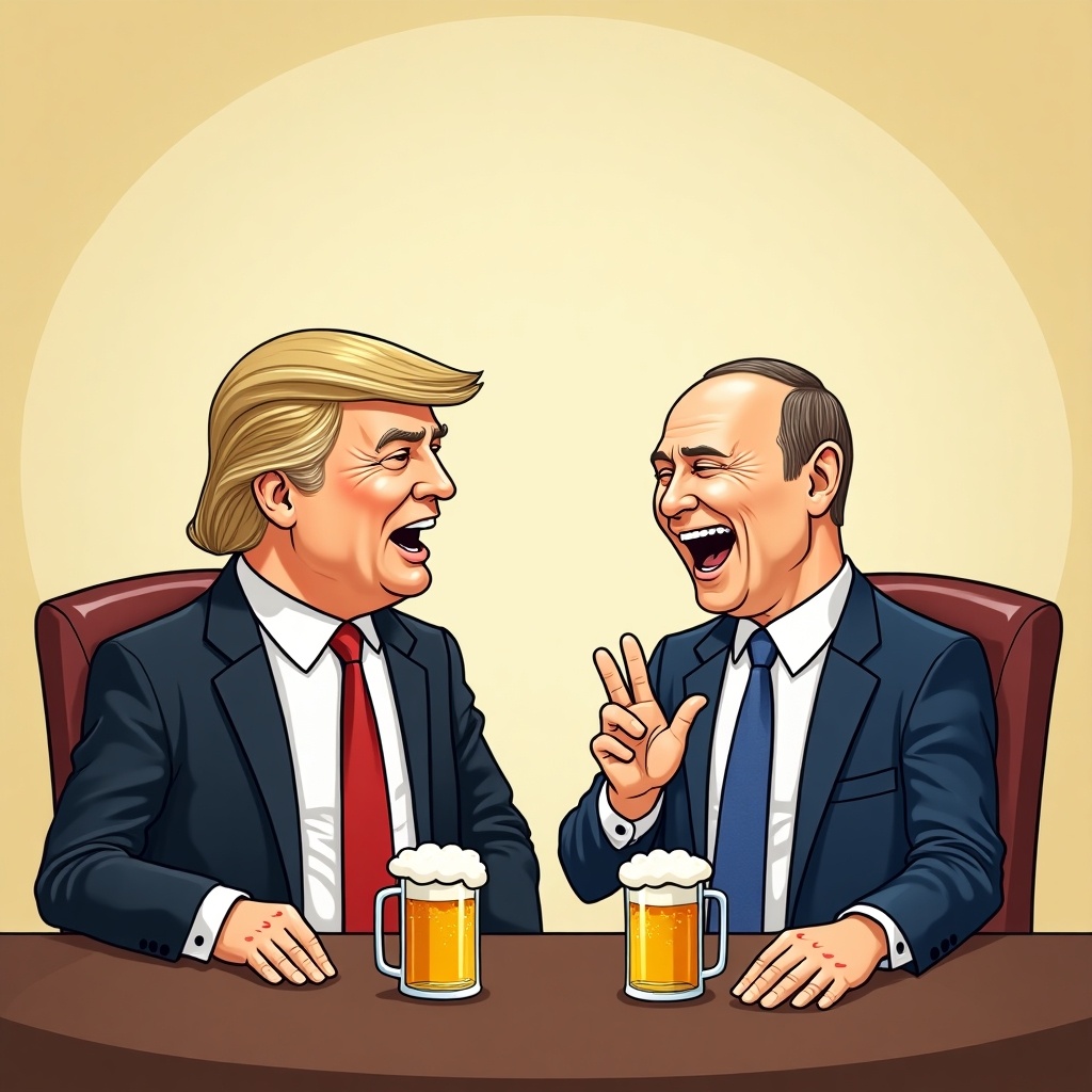 Cartoon illustration of two political figures sitting at a table with beers. They are engaged in conversation. Background is simple and light-colored. Each figure is dressed in formal attire. Focus on the interaction between them.