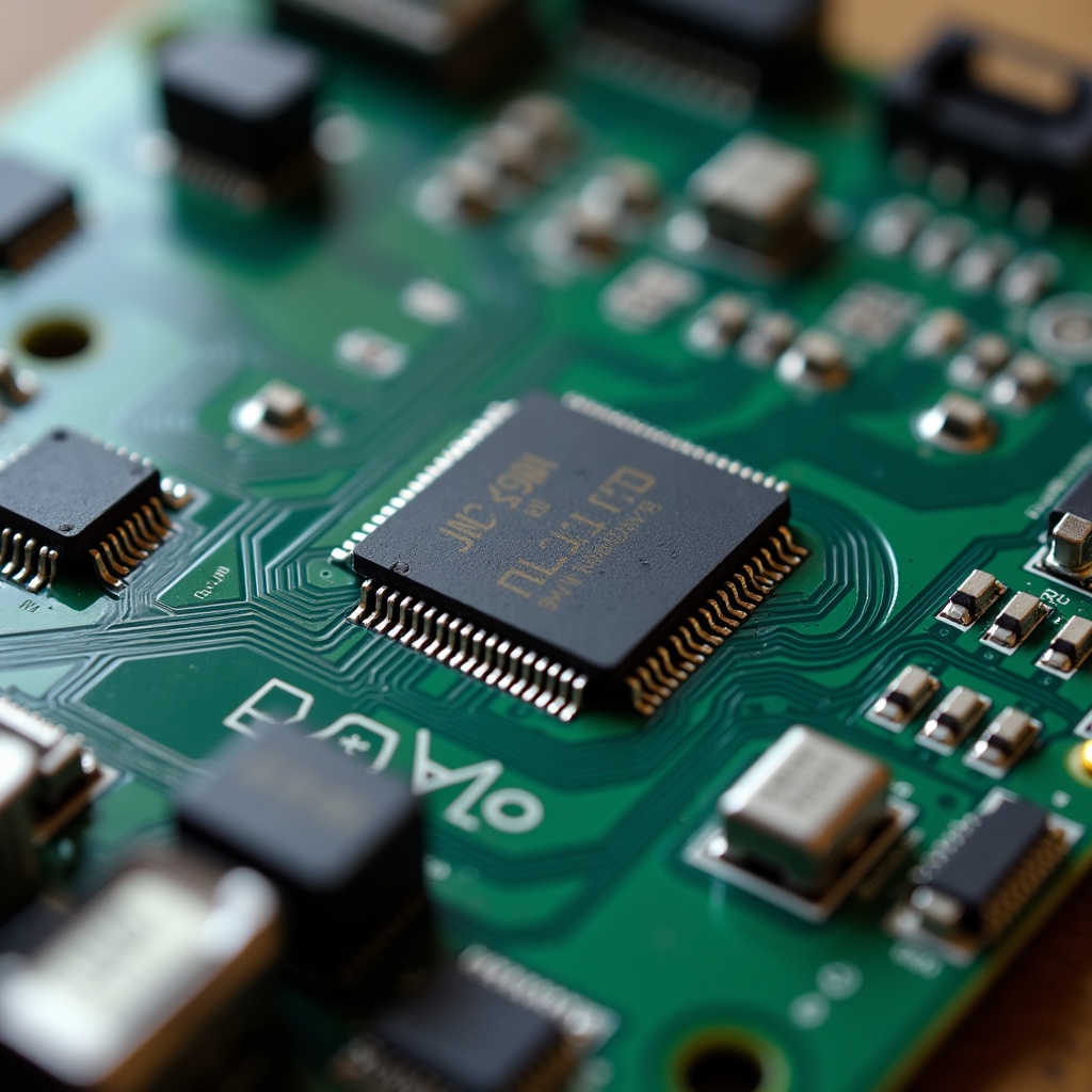 Close view of electronic circuit board featuring microchips and various components.