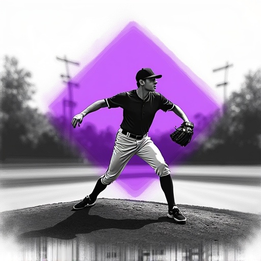 Baseball field background in black and white with a purple baseball diamond behind a cartoon male baseball pitcher. The pitcher is in a dynamic throwing pose with focus on his form and motion.