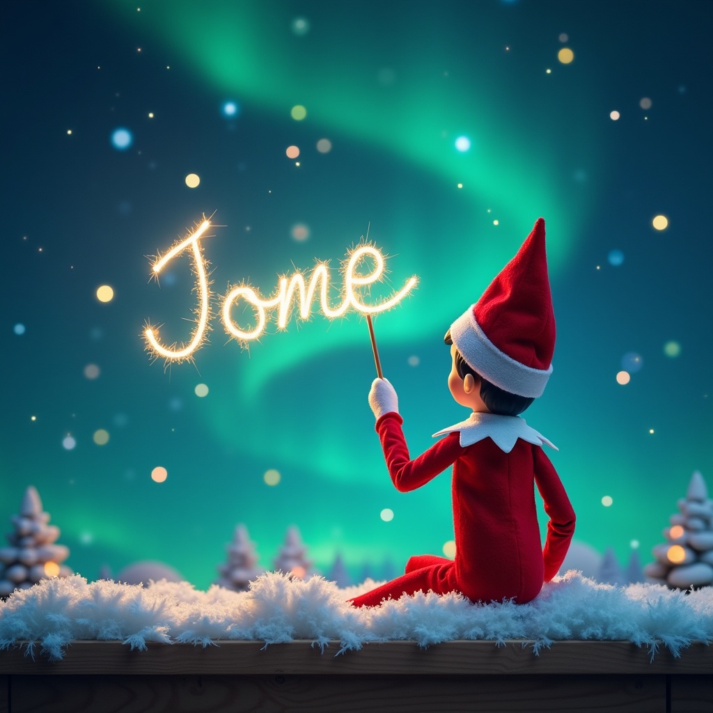 An elf on the shelf is positioned with its back to the viewer, sitting on a snowy ledge. The elf is facing a beautiful sky filled with northern lights, creating a magical ambiance. In its hand, the elf holds a wand, using it to write a child's name in sparkling light. The background features softly illuminated pine trees covered in snow. The scene exudes a joyful Christmas spirit, inviting warmth and wonder.