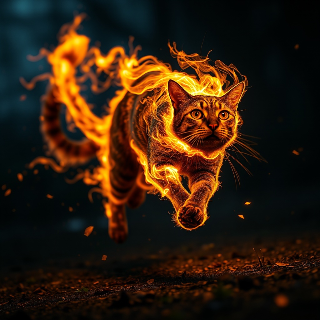 A cat engulfed in swirling flames runs through a dark, dramatic setting.