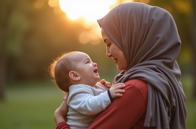 A woman lovingly holds and gazes at a smiling baby against a warm, sunlit background.