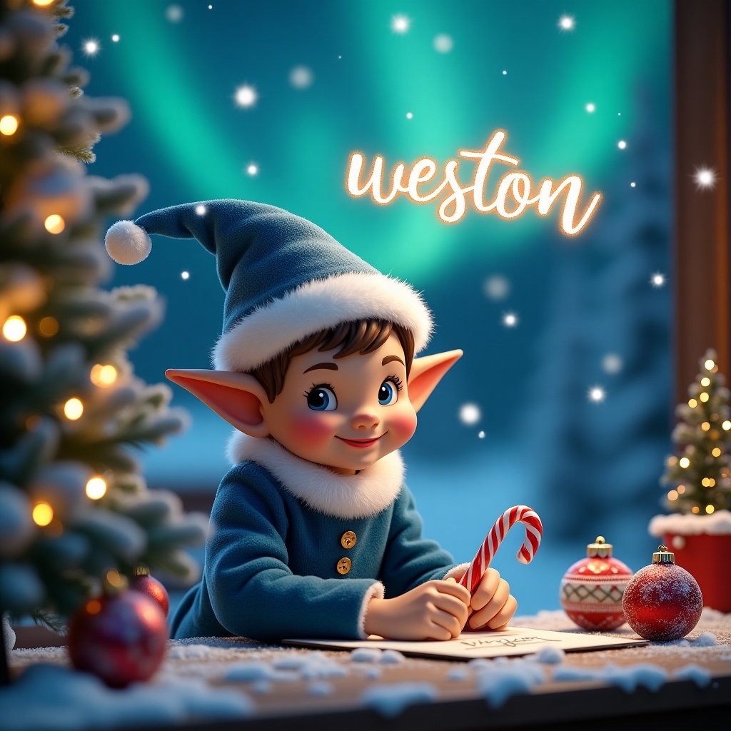 A charming Christmas elf is focused on writing names on decorative baubles. The elf is dressed in blue attire. A candy cane is in the elf's hand. The elf is sitting at a wooden table with holiday decorations. A Christmas tree with twinkling lights is in the background. Above the elf, the name 'weston' sparkles against the vibrant northern lights.