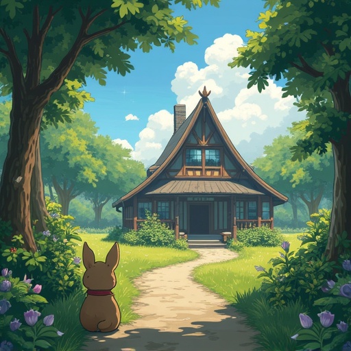 Illustration of a whimsical house surrounded by trees and flowers. A small dog sits on a path leading to the house. Bright, cheerful colors in a fantasy style.