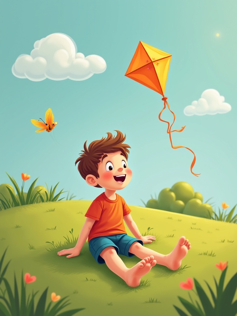 A boy sitting on the grass while flying a kite. The environment shows a bright and cheerful sky with clouds. Grass has green shades. The scene captures joy and playfulness. This image illustrates childhood innocence and outdoor fun.