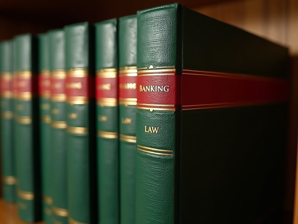 Close-up view of a row of green hardcover books. Focus on the book titled 'Banking Law' with gold letters and a red border. Texture shows high-quality leather-bound cover. Highlights legal literature in banking law.