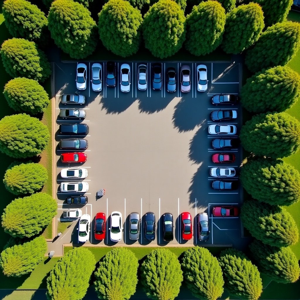 Aerial view with a rectangular parking lot. Multiple cars are parked neatly. Dense green trees surround the area. Bright daylight illuminates the scene.