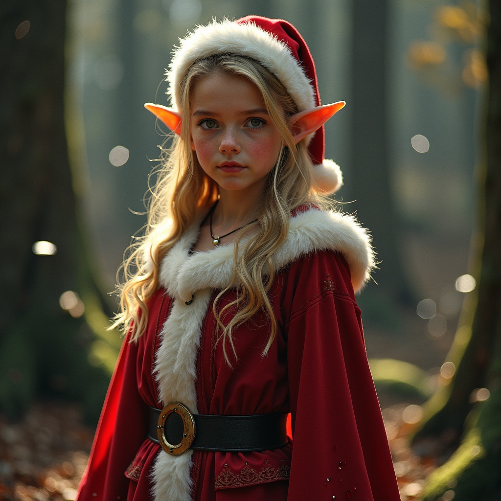 This image features a young girl dressed as an elf wearing a festive red and white outfit, complete with a Santa hat. She has long, wavy blonde hair and pointed ears, typical of elf appearances. The background is a serene forest filtered with soft natural light. The atmosphere evokes a magical and enchanting holiday spirit. The elf's expression is calm and whimsical, enhancing the festive theme.