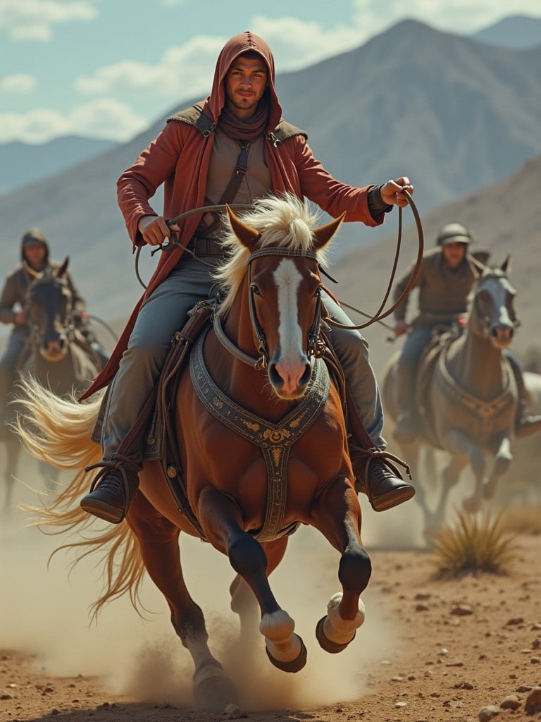 A rider in a hooded jacket on a brown horse is galloping in a rugged landscape with mountains in the background. Dust is kicked up as a group of riders follows. The scene captures the essence of adventure and freedom in nature.