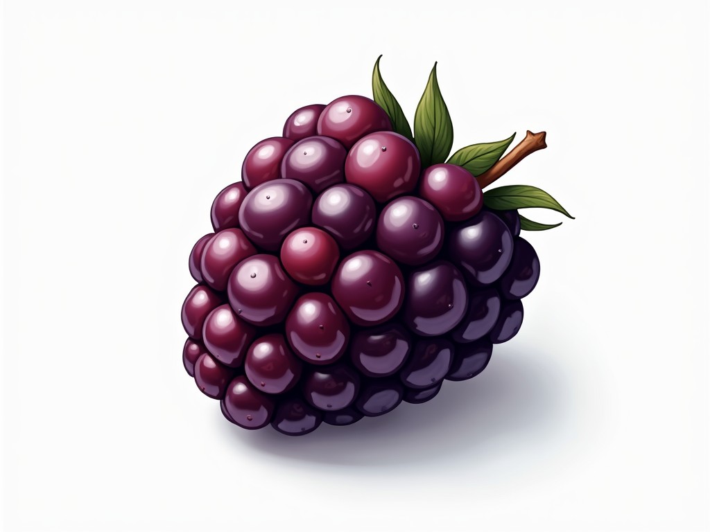 A highly detailed digital illustration of a luscious blackberry with a vibrant purple hue. The blackberry is depicted with realistic shading and highlights, making each drupelet appear glossy and enticing. A few green leaves and a small stem are attached to the fruit, adding a touch of natural freshness.