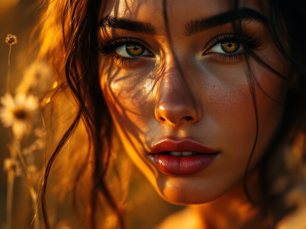 Close-up shot of a woman's hair and shoulders during golden hour. Image showcases incredible details and textures. Nature background with soft flowers. Shot with a ZEISS Supreme Prime 100 mm lens.