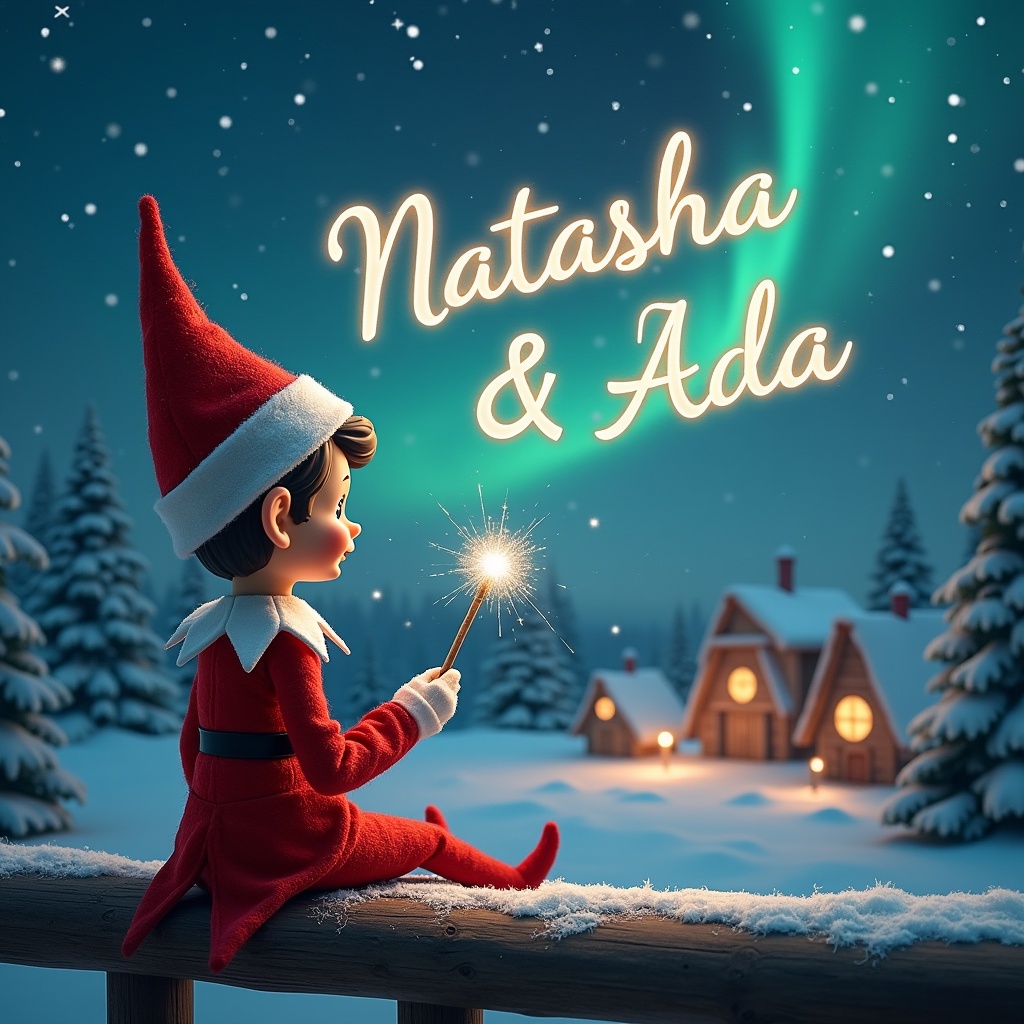 An elf sits on a wooden ledge with its back to the camera, gazing at a magical sky. The elf is dressed in a red outfit with a pointed hat and holds a sparkling wand. With the wand, the elf elegantly writes the names 'Natasha' and 'Ada' in the starry sky. The background features a snowy landscape with charming little houses and evergreen trees under the shimmering Northern Lights. This whimsical scene captures the essence of childhood magic and Christmas cheer.