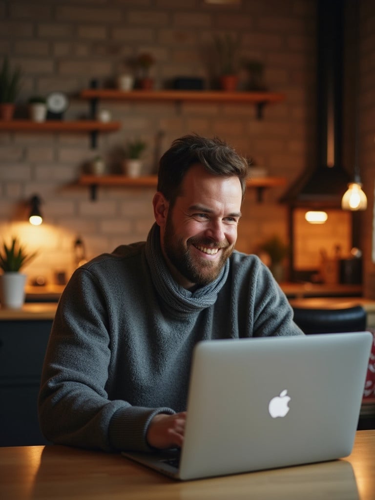 Man in a cozy setting working on a laptop. Shelves with plants and lights in the background. Soft warm lighting enhances ambiance. Focus on the individual engaged with the laptop.