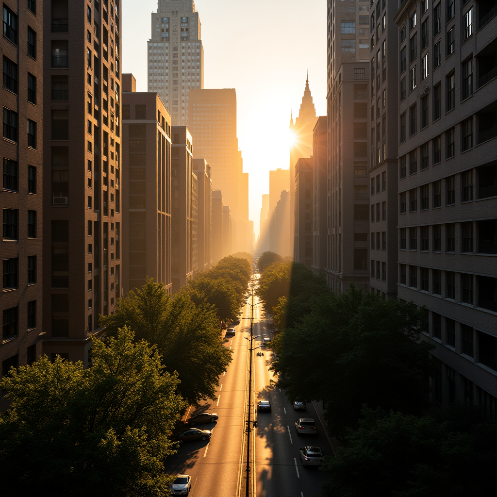 A city street lined with trees and tall buildings is illuminated by the warm glow of a sunrise.