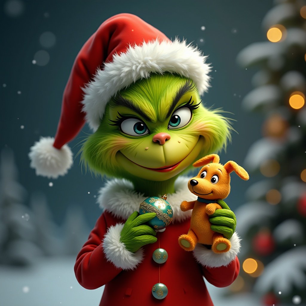 Cute grinch holding a bauble with name caitlin and dog. Festive scene with holiday elements.