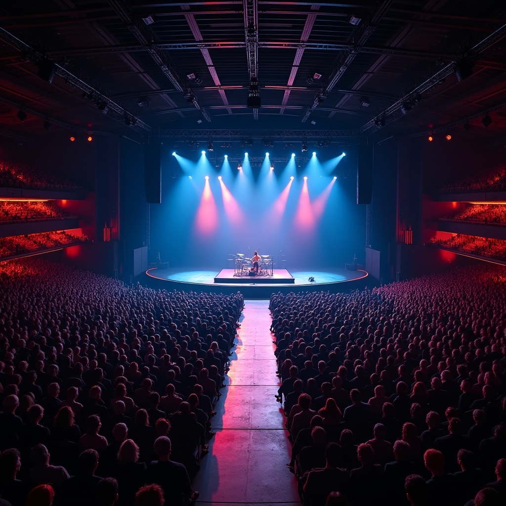 A captivating drone view of a Roddy Rich concert at Madison Square Garden. The stage is centrally located with a runway extending into the audience. The arena is filled with a sea of fans eagerly watching the performance. Dramatic lighting in shades of blue and red enhances the lively atmosphere. The sound of music fills the air as the artist performs, creating an energizing experience for everyone present.