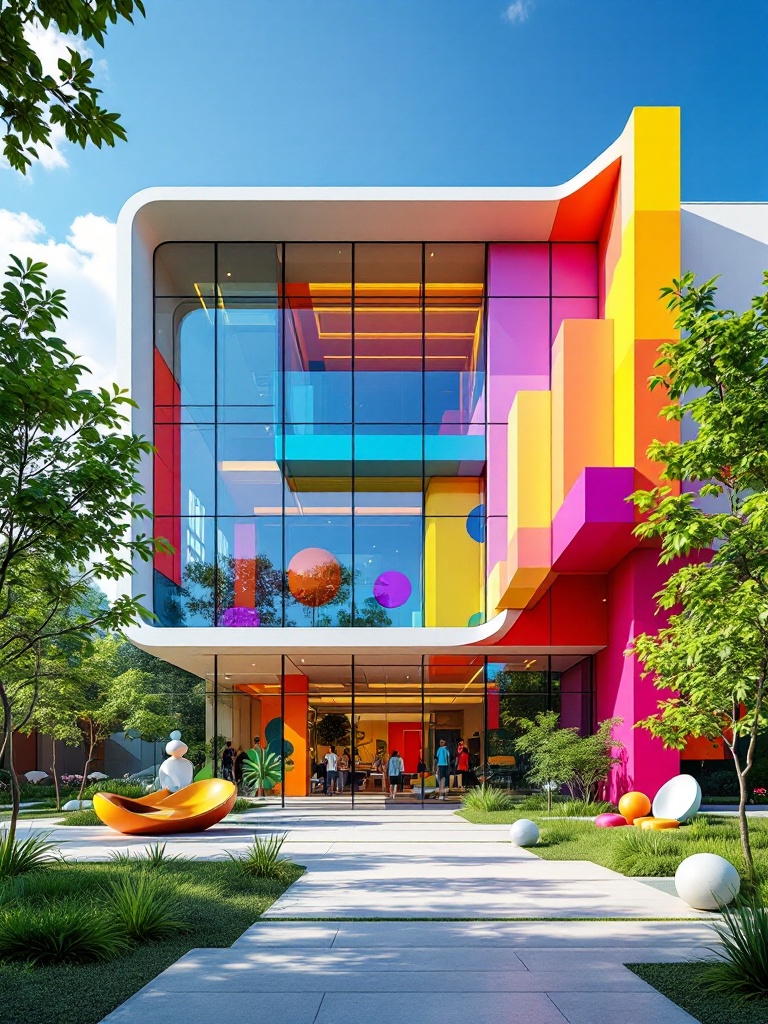 Image depicts a facade of a colorful and ultra-modern school. The structure has sleek lines and large glass panels that reflect sunlight. A vibrant color palette enhances its inviting look. Geometric shapes are integrated within the design. Surrounding the building are landscaped green areas with artistic installations. The atmosphere conveys creativity and forward-thinking, suitable for learning.